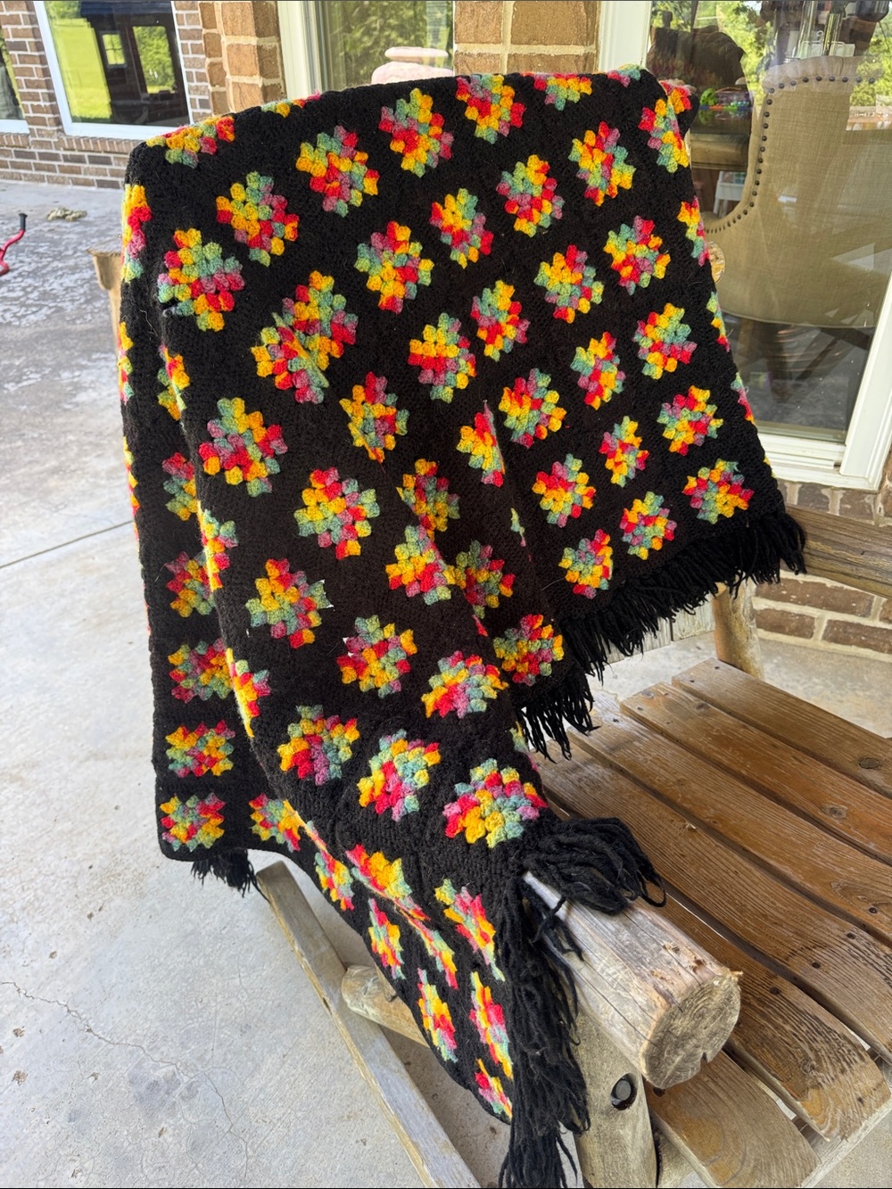 Vintage Black Crochet Multi-Color Granny Square Afghan Throw